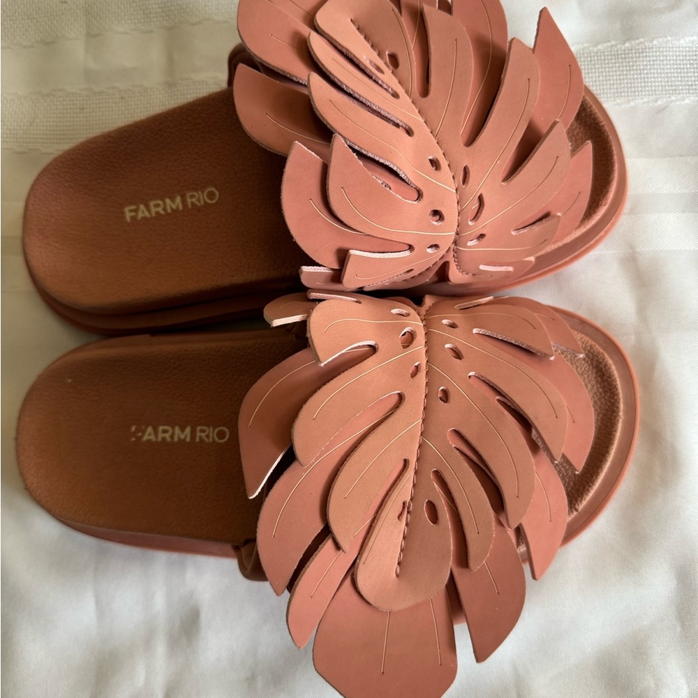 Farm Rio Straw Monstera Palm Leaf Anatomic Slides Size 7 EUC Blush Pink - Picture 3 of 5